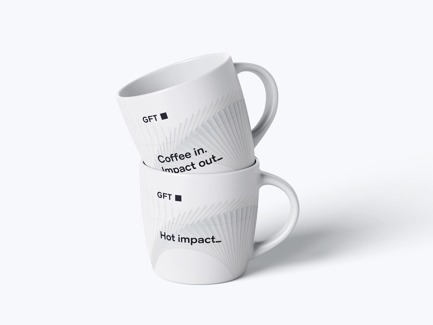 GFT Technology Tassen-Mockup mit den Slogans „Coffee in. Impact out_