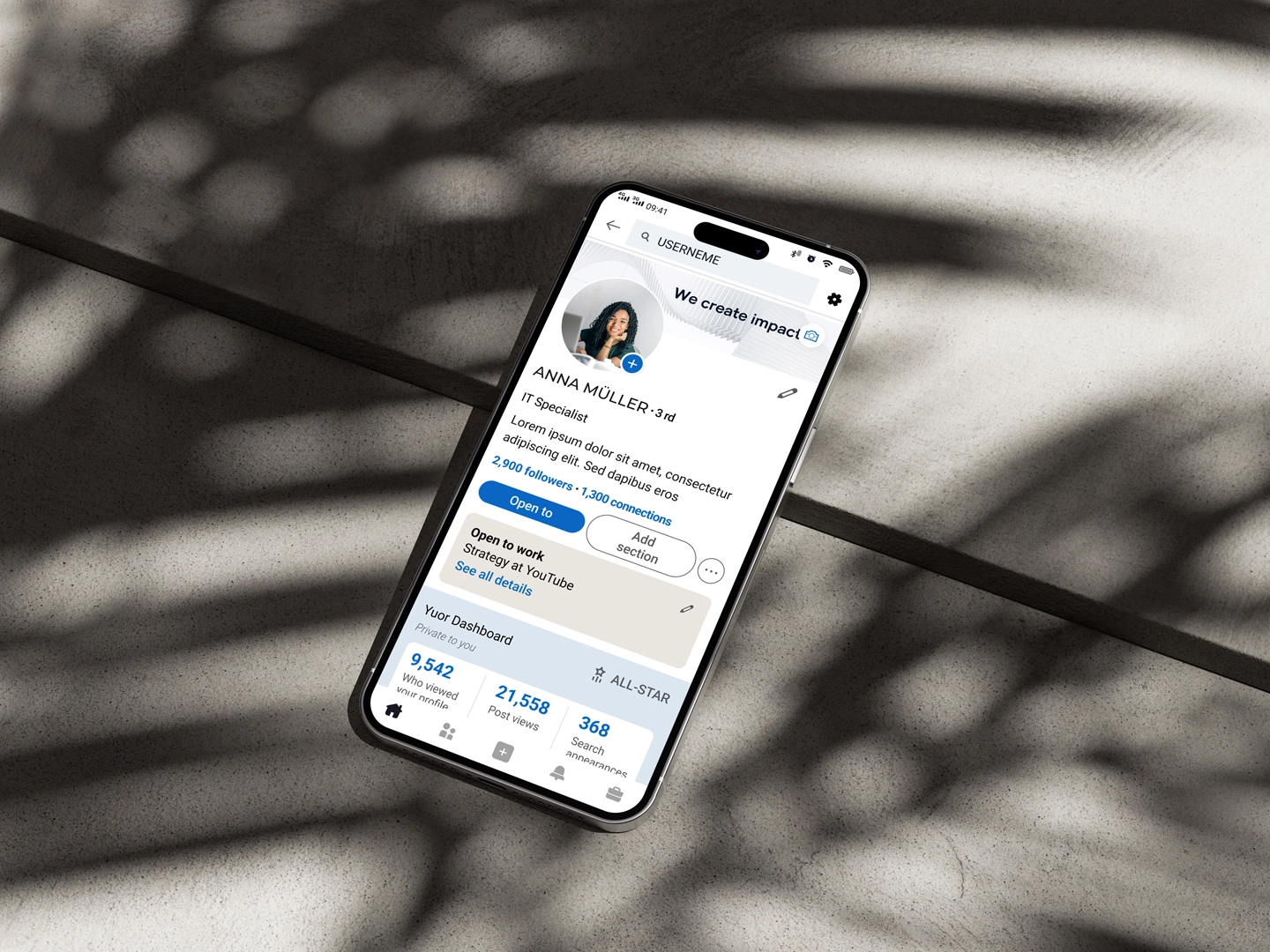 GFT Technology LinkedIn-Profil-Mockup auf einem Smartphone mit dem Markenbanner „We create impact_