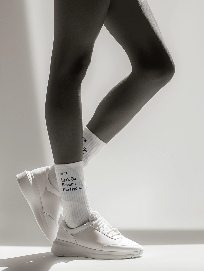 GFT Technology Socken-Mockup mit dem Slogan „Let's Go Beyond the Hype_