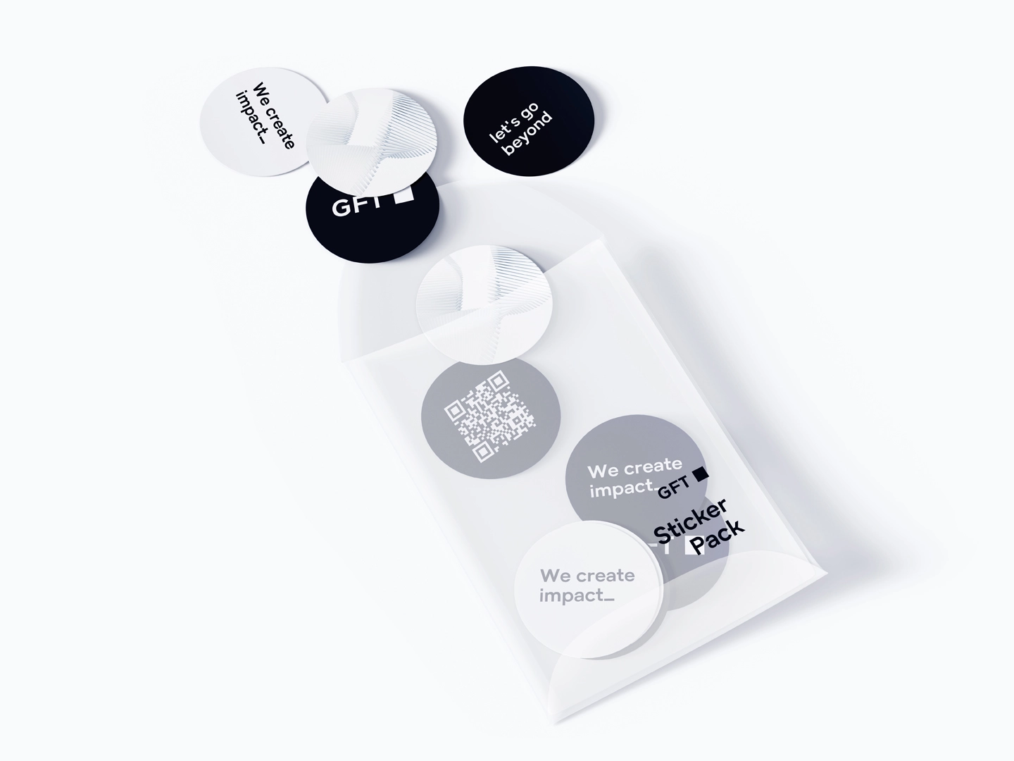 GFT Technology Sticker-Pack-Mockup mit runden Aufklebern in schwarz, weiß und grau mit Markenslogans – Corporate Design von LässingMüller