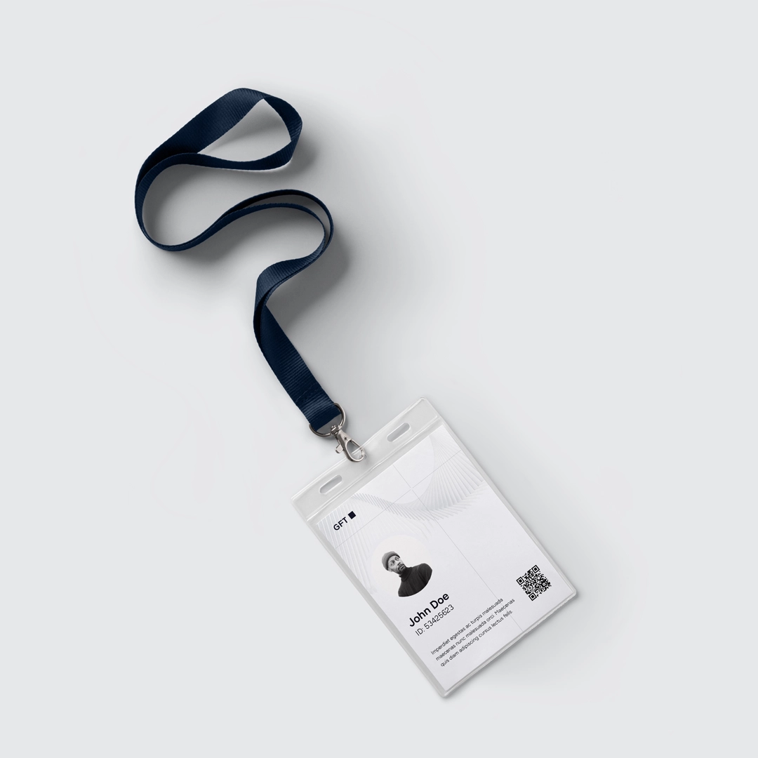 GFT Technology Event-Badge-Mockup mit Lanyard, Foto und QR-Code – personalisierter Teilnehmerausweis, Corporate Design von LässingMüller