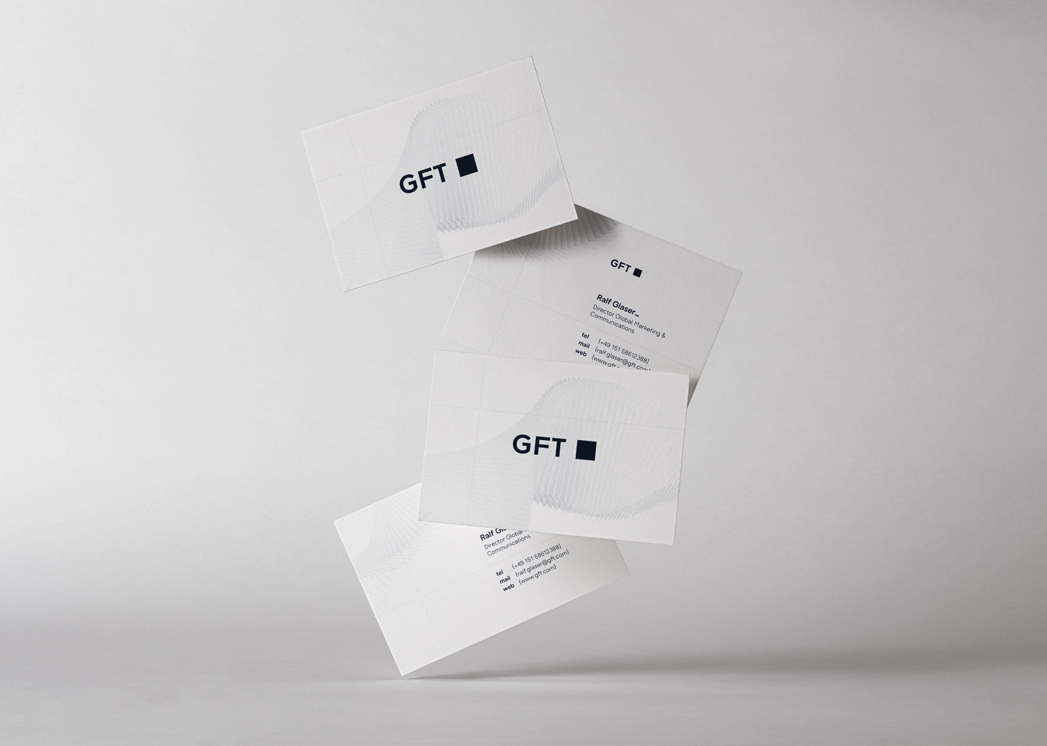 GFT Technology Visitenkarten-Mockup mit Vor- und Rückseite im schwebenden Arrangement – Corporate Design von LässingMüller