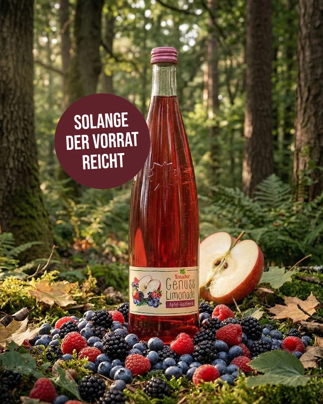Flasche Teinacher Genuss Limonade Apfel-Waldbeere steht im Wald umgeben von Brombeeren, Blaubeeren, Himbeeren und einem aufgeschnittenen Apfel, Hinweis 'Solange der Vorrat reicht