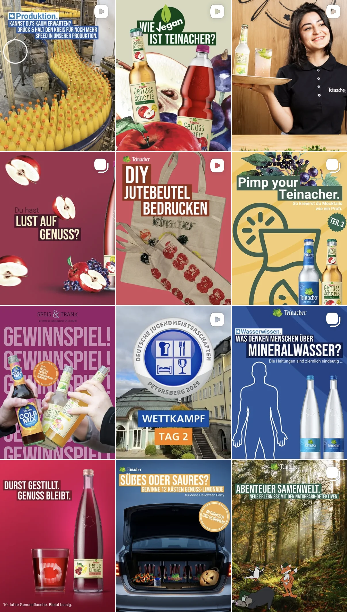 Instagram-Beitragsraster von Teinacher mit zwölf Vorschaubildern, u. a. eine Produktionslinie mit Flaschen, 'Wie vegan ist Teinacher?', eine lächelnde Teinacher-Mitarbeiterin mit Tablett, 'DIY Jutebeutel bedrucken', 'Pimp your Teinacher' mit Mocktail-Rezepten, ein Gewinnspiel mit Cola Mix und Genuss Schorle, die Teilnahme an den Deutschen Jugendmeisterschaften Petersberg 2025, eine Umfrage 'Was denken Menschen über Mineralwasser?', 'Durst gestillt. Genuss bleibt.', ein Halloween-Gewinnspiel um 12 Kästen Genuss-Limonade und 'Abenteuer Samenwelt' mit Naturpark-Detektiven