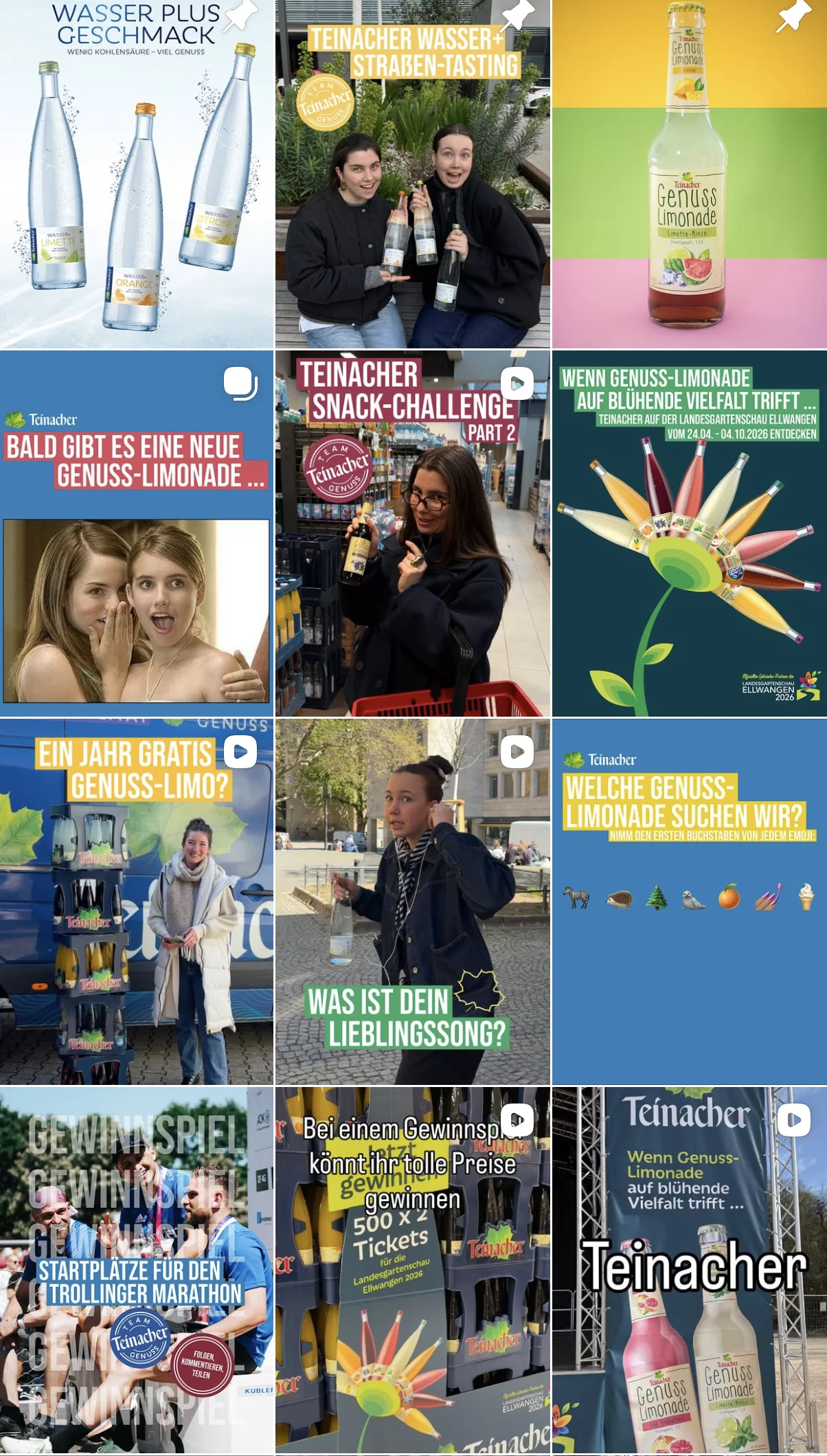 Instagram-Beitragsraster von Teinacher mit zwölf Vorschaubildern, u. a. 'Wasser Plus Geschmack', 'Teinacher Wasser+ Straßen-Tasting', eine Flasche Genuss Limonade Limette-Minze, 'Teinacher Snack-Challenge Part 2', eine Ankündigung zur Landesgartenschau Ellwangen, ein Gewinnspiel 'Ein Jahr gratis Genuss-Limo?', ein Rätsel 'Welche Genuss-Limonade suchen wir?', eine Verlosung von Startplätzen für den Trollinger-Marathon und Tickets für die Landesgartenschau Ellwangen 2026