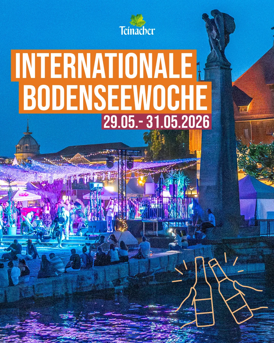 Teinacher-Eventankündigung 'Internationale Bodenseewoche 29.05.–31.05.2026': nächtliche Aufnahme eines beleuchteten Festivalgeländes am Ufer mit Bühne, Publikum und einer historischen Statue im Vordergrund