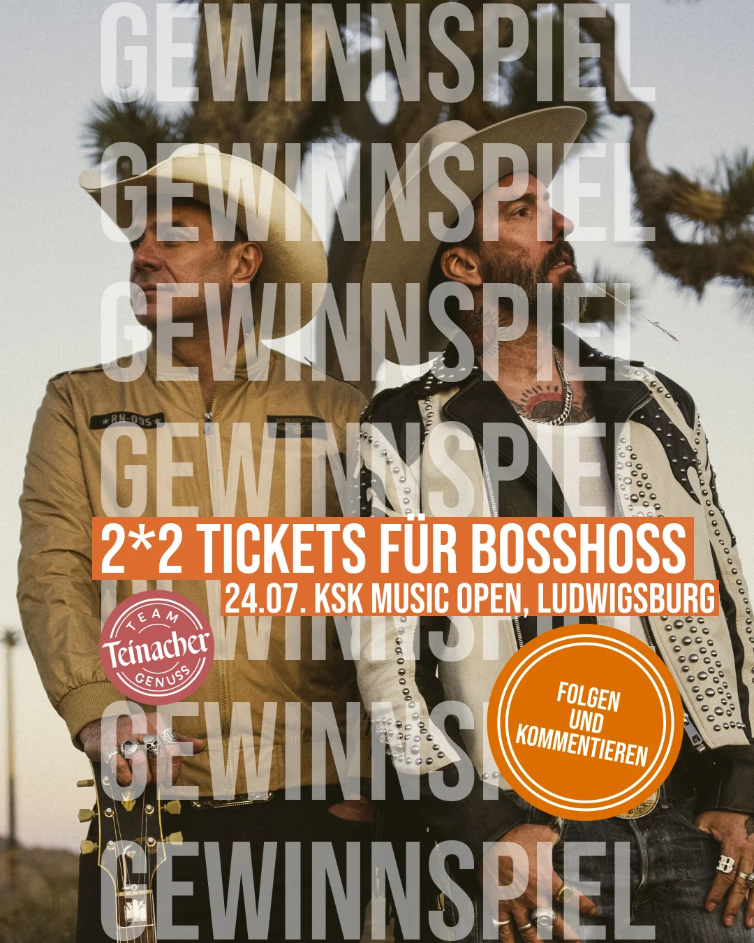 Gewinnspiel-Grafik: zwei Bandmitglieder von BossHoss in Cowboy-Outfits, Hinweis auf die Verlosung von 2×2 Tickets für das Konzert am 24.07. bei den KSK Music Open in Ludwigsburg