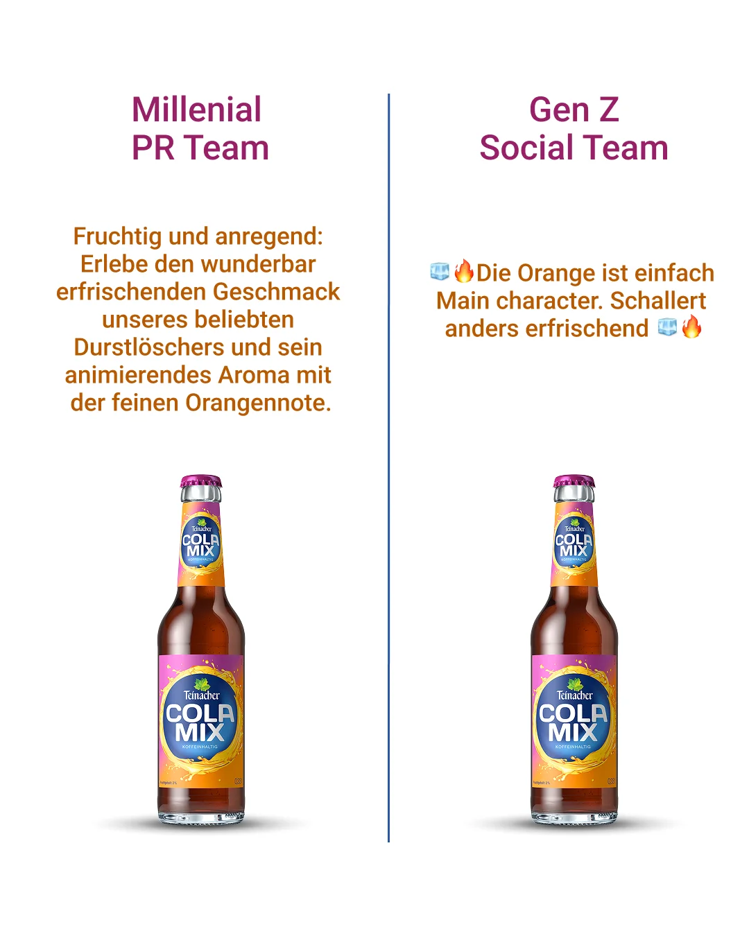 Vergleichsgrafik zweier Werbetexte für Teinacher Cola Mix nebeneinander: links 'Millennial PR Team' mit klassischem Werbetext ('Fruchtig und anregend: Erlebe den wunderbar erfrischenden Geschmack...'), rechts 'Gen Z Social Team' mit Slang-Text und Emojis ('Die Orange ist einfach Main character...'), jeweils mit einer Flasche Teinacher Cola Mix