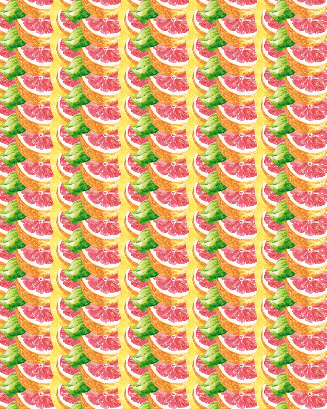 Nahtloses Muster aus Aquarell-Illustrationen von Grapefruit-, Orangen- und Zitronenscheiben mit grünen Blättern auf gelbem Hintergrund