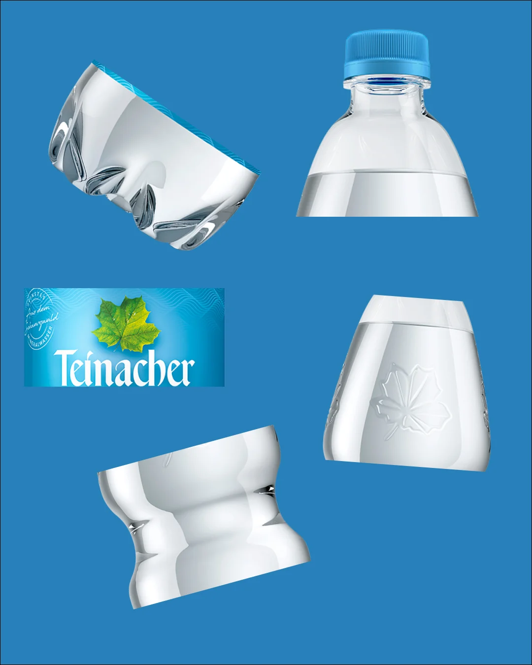 Collage aus Nahaufnahmen einer Teinacher-Wasserflasche vor blauem Hintergrund: Verschlusskappe, Flaschenhals mit Schraubverschluss, das Teinacher-Logo mit Ahornblatt, das geprägte Ahornblatt am Flaschenkorpus und die geformte Flaschenbasis