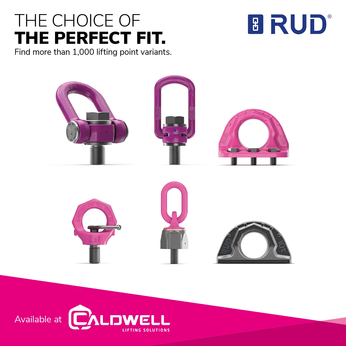 RUD-Anzeige 'The Choice of the Perfect Fit. Find more than 1,000 lifting point variants': sechs violette und pinke RUD-Hebepunkte (u. a. Ringschrauben, Wirbel-Ringschrauben, Lastösen) im Überblick, erhältlich bei Caldwell Lifting Solutions