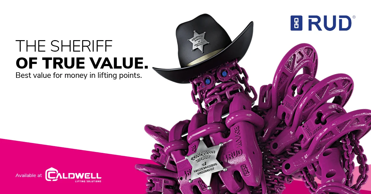 RUD-Anzeige 'The Sheriff of True Value. Best value for money in lifting points': violette Ketten-Figur mit Sheriffhut und Confitron-Sheriffstern, erhältlich bei Caldwell Lifting Solutions