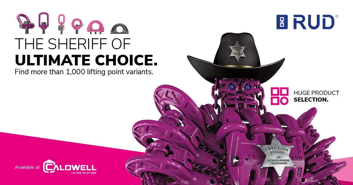 RUD-Anzeige 'The Sheriff of Ultimate Choice. Find more than 1,000 lifting point variants': violette Ketten-Figur mit Sheriffhut und Confitron-Sheriffstern, erhältlich bei Caldwell Lifting Solutions