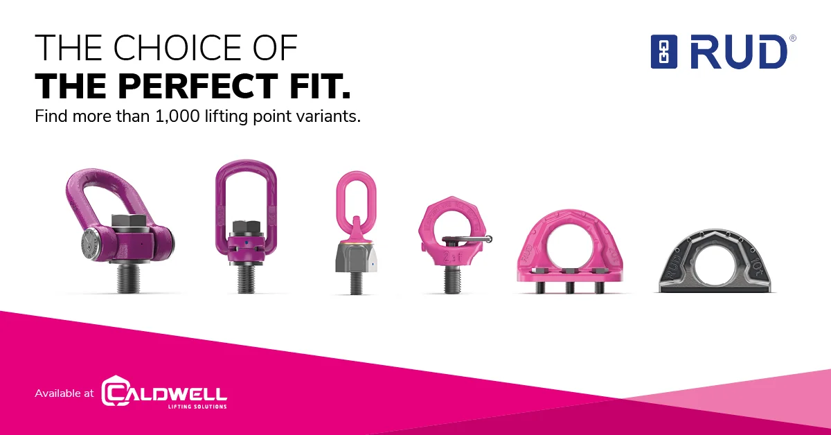 RUD-Anzeige 'The Choice of the Perfect Fit. Find more than 1,000 lifting point variants': sechs violette und pinke RUD-Hebepunkte (u. a. Ringschrauben, Wirbel-Ringschrauben, Lastösen) im Überblick, erhältlich bei Caldwell Lifting Solutions