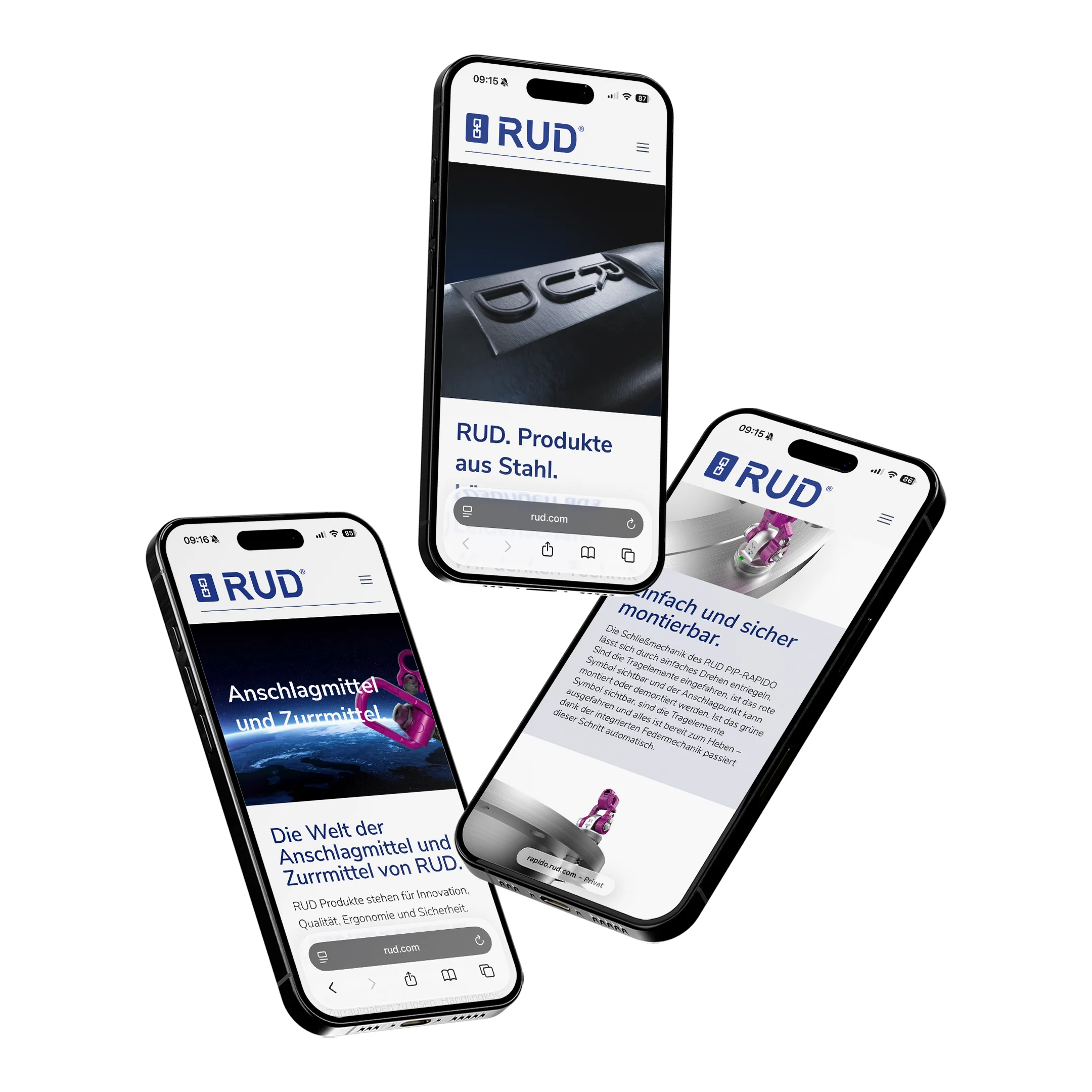 Drei Smartphones zeigen verschiedene Seiten der RUD-Website: Startseite mit dem Slogan 'RUD. Produkte aus Stahl.', eine Übersichtsseite 'Die Welt der Anschlagmittel und Zurrmittel von RUD' sowie eine Produktseite mit Montagehinweis 'Einfach und sicher montierbar'