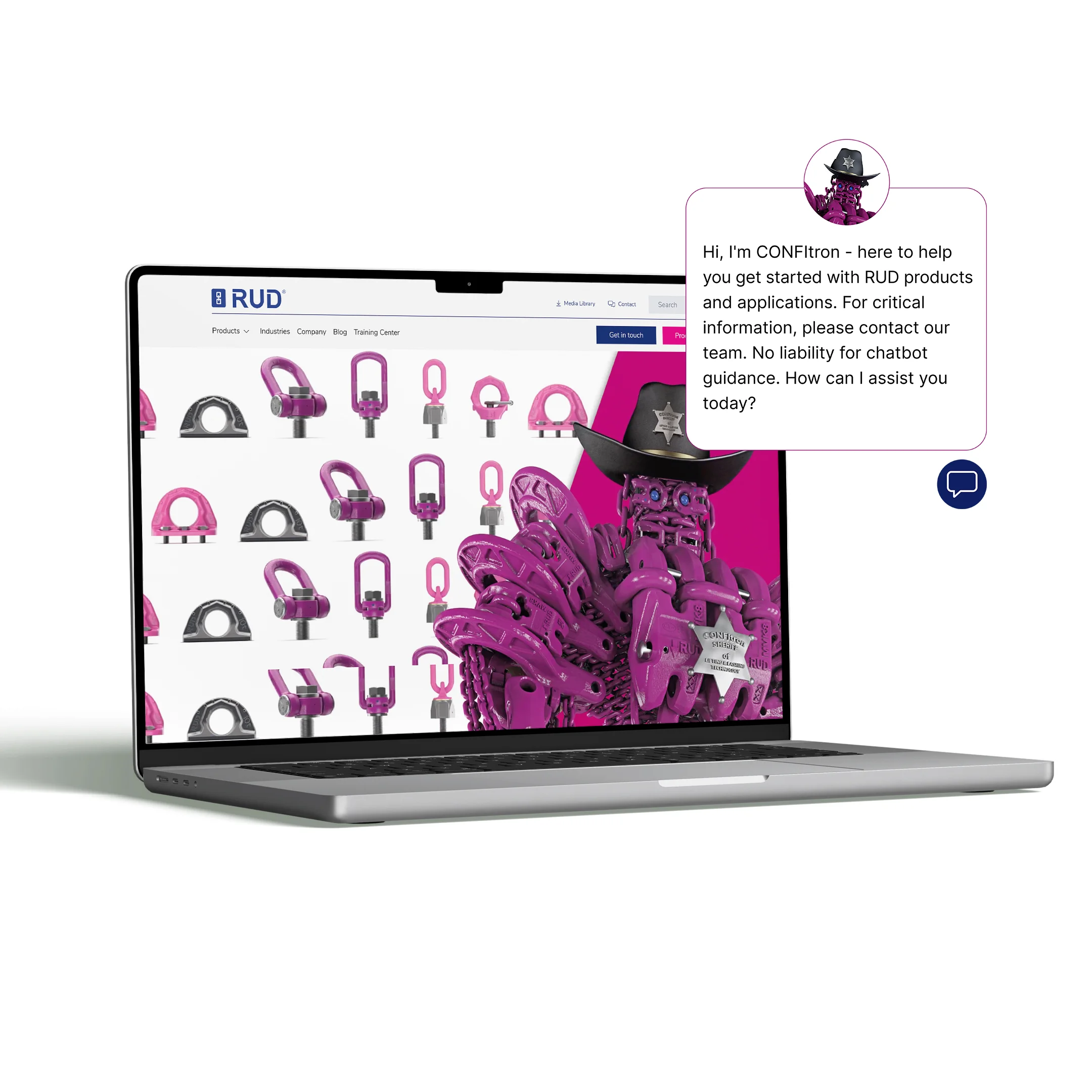 Mockup der RUD-Website auf einem Laptop mit geöffnetem Chatbot-Fenster: Der Chat-Assistent 'CONFItron' (Sheriff-Figur aus violetten Ketten) begrüßt den Besucher und bietet Hilfe zu RUD-Produkten und Anwendungen an, im Hintergrund eine Produktübersicht violetter und pinker Anschlagpunkte