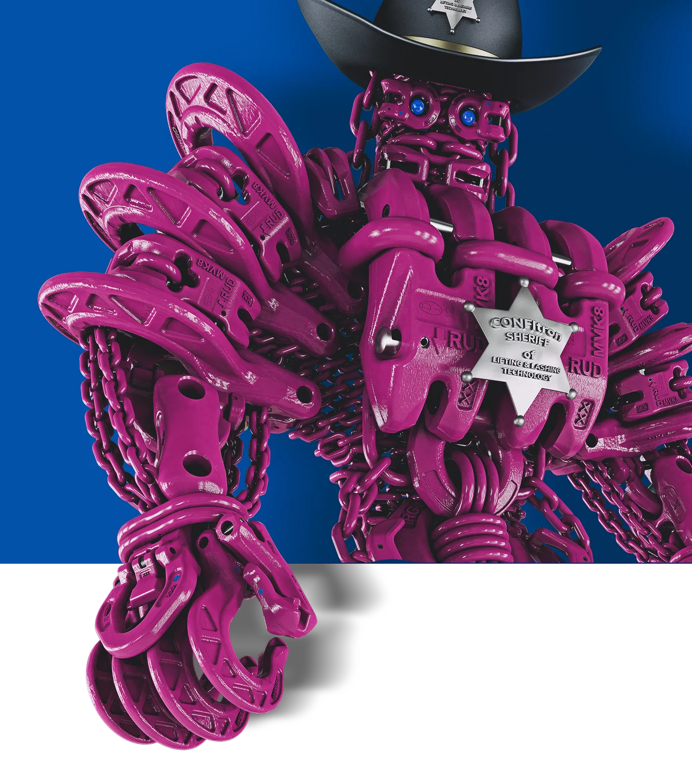 lm_case rud_confitron_CutOut_tr Figur aus violetten RUD-Hebeketten und Lasthaken mit schwarzem Sheriffhut und Sheriffstern 'Confitron – Sheriff of Lifting & Lashing Technology